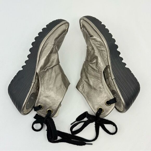 Fly London Yama Gold Metallic Ruched Leather Slingback Lace Up Chunky Wedges - Picture 7 of 12